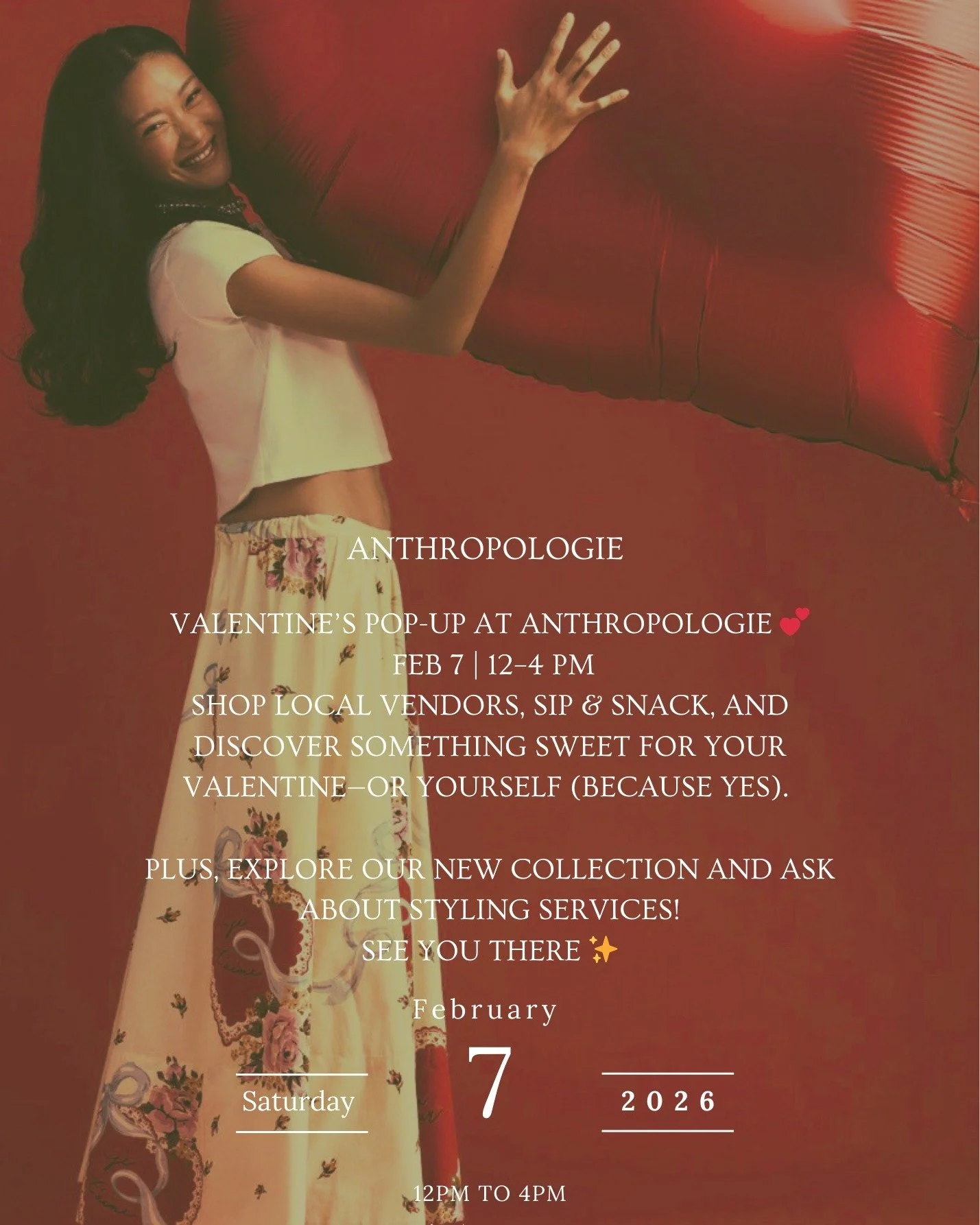 Anthropologie is hosting a one-day pop-up on Saturday, February 7 from 12&ndash;4 pm, featuring local vendors, light bites, and sips while you shop. Find something thoughtful for a partner, a friend, or yourself, and explore their newest collection a