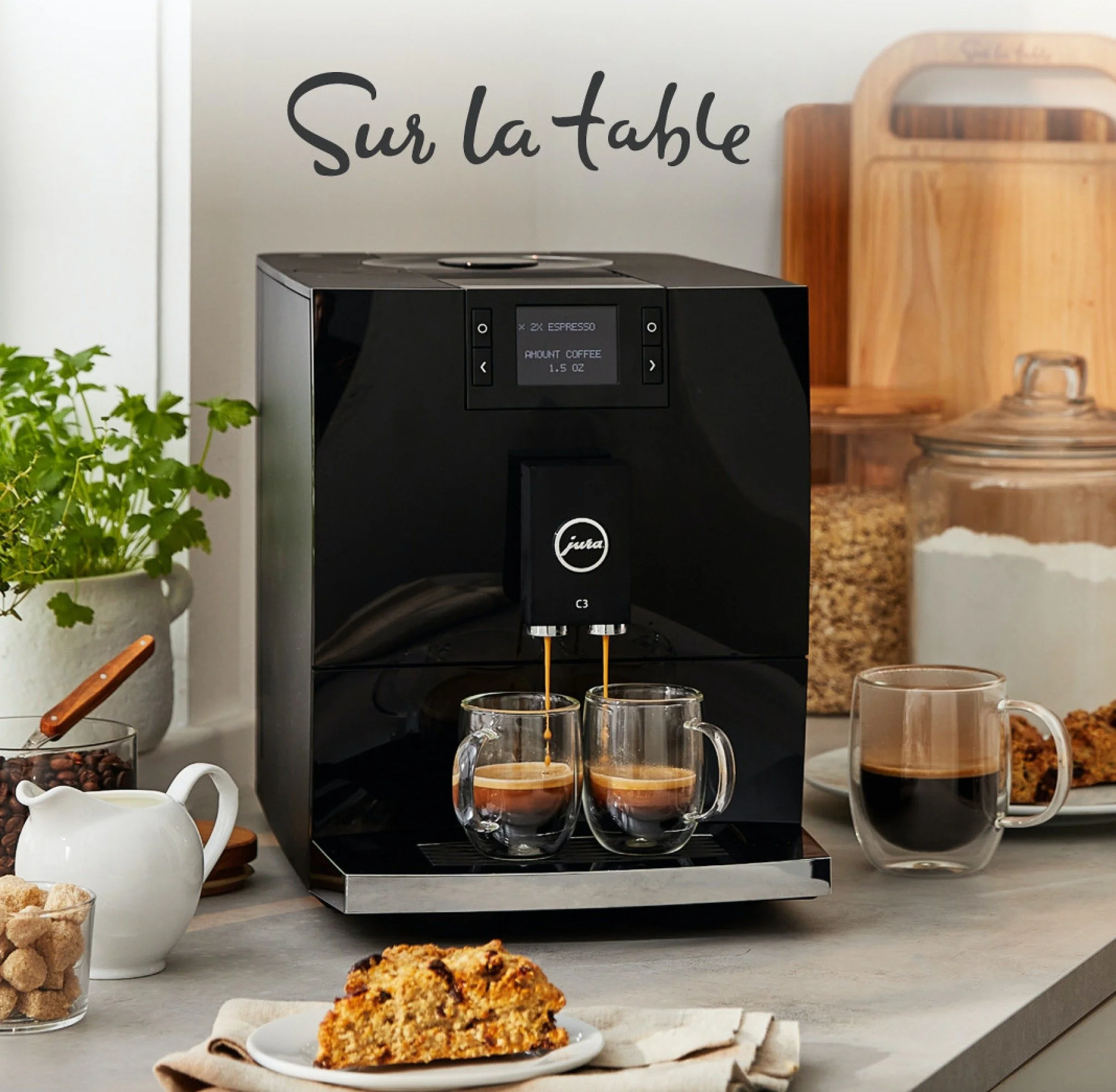 Meet the Jura c3, a compact espresso machine designed for effortless, caf&eacute;-quality coffee at home. Available in an exclusive black finish at Sur La Table, the Jura c3 delivers rich espresso at the touch of a button. Visit in store to see it in