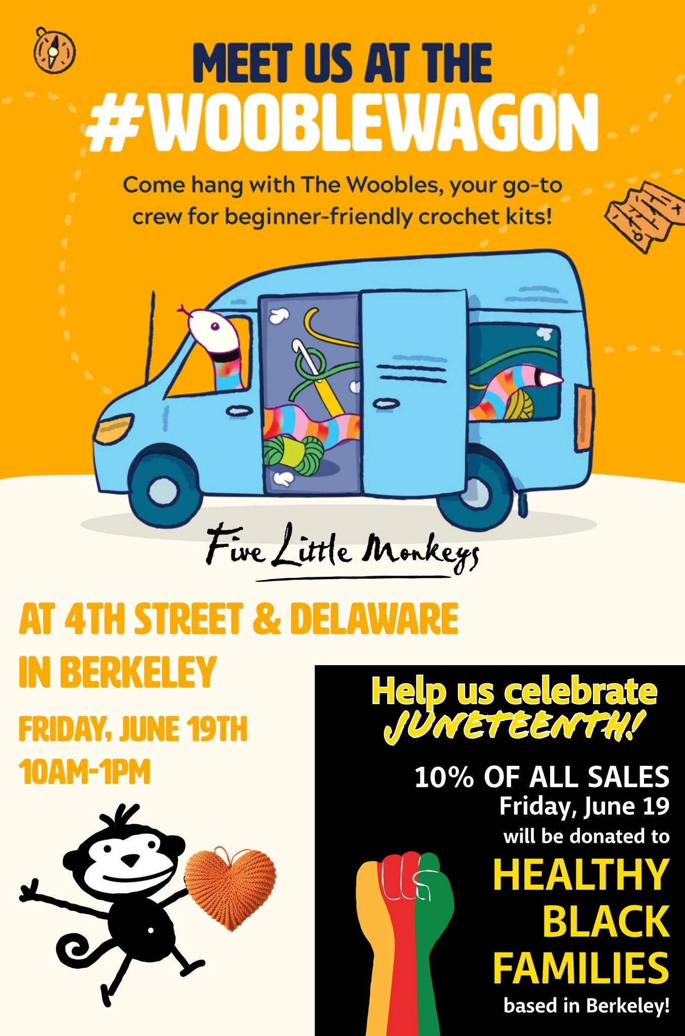The Woobles Wagon is Coming to Fourth Street
Five Little Monkeys is bringing the Woobles to Fourth Street at Delaware on Fri, 6/19 from 10am&ndash;1pm. Meet The Woobles team and explore their beginner-friendly crochet kits.

In celebration of Junetee