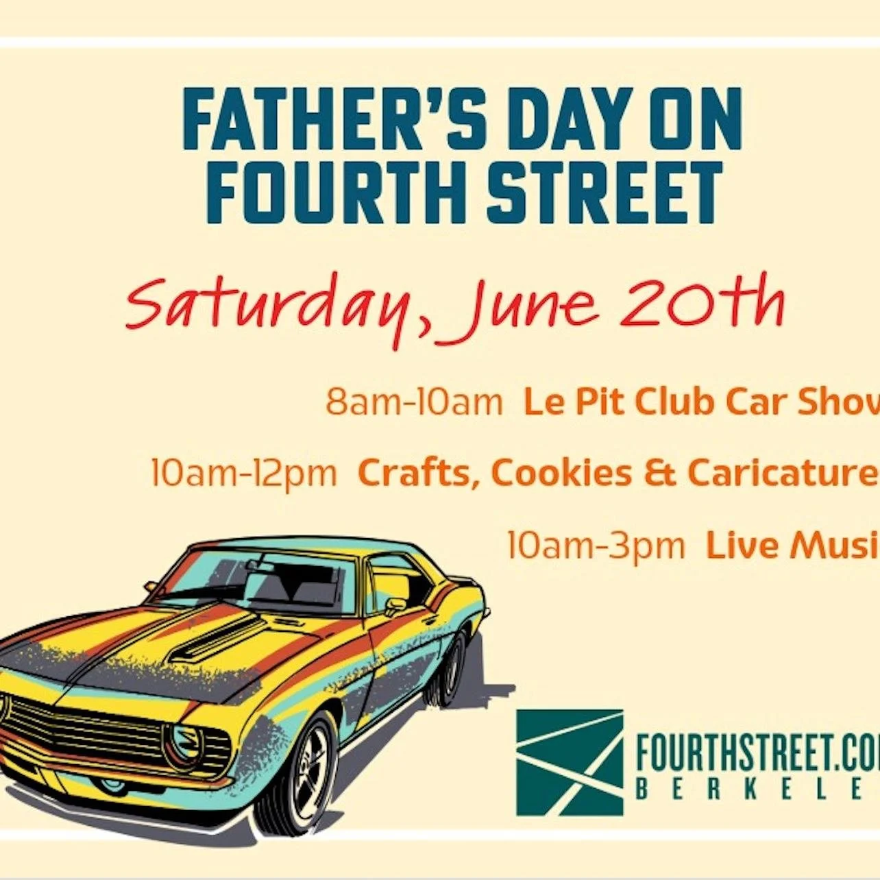 Cars, caricatures, and Father's Day fun.
Join us on Fourth Street for a special Father's Day celebration featuring classic cars on display, complimentary caricatures, shopping, dining, and plenty of ways to treat Dad.
Bring the family, grab a bite to