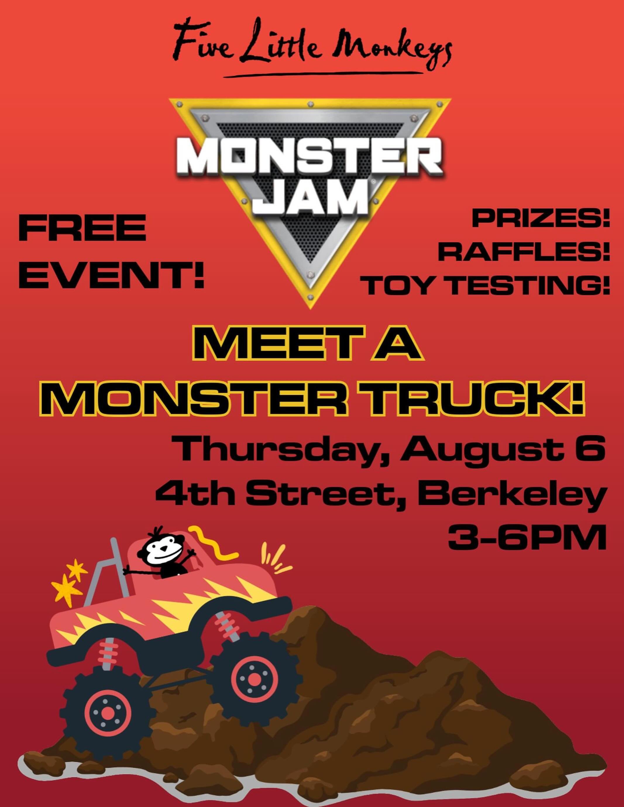 🏁 Meet a REAL Monster Jam Monster Truck at Five Little Monkeys!
Which truck will it be? You&rsquo;ll have to come to find out!
Featuring raffles, prizes, crafts, hands on toy testing, and a REAL Monster Truck!
Enjoy a real Monster Truck without the 