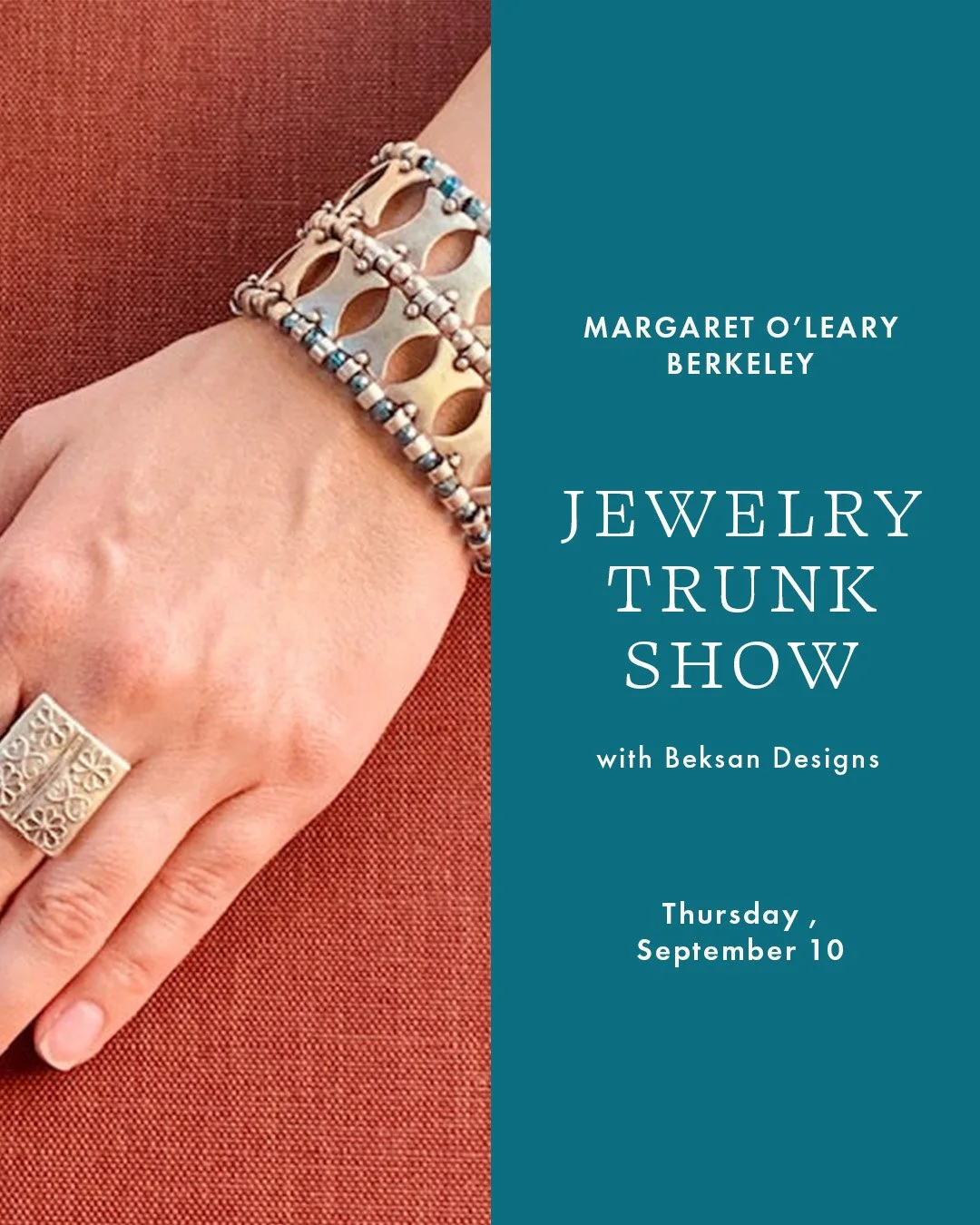 MARGARET O&rsquo;LEARY WELCOMES BEKSAN DESIGNS
THUR 9/10, 12&ndash;5pm
Visit Margaret O&rsquo;Leary Berkeley for a special event with Beksan Designs.

Founded by sisters Meyla Ruwin and Nevra Shapiro, Beksan Designs grew from their Turkish and Americ