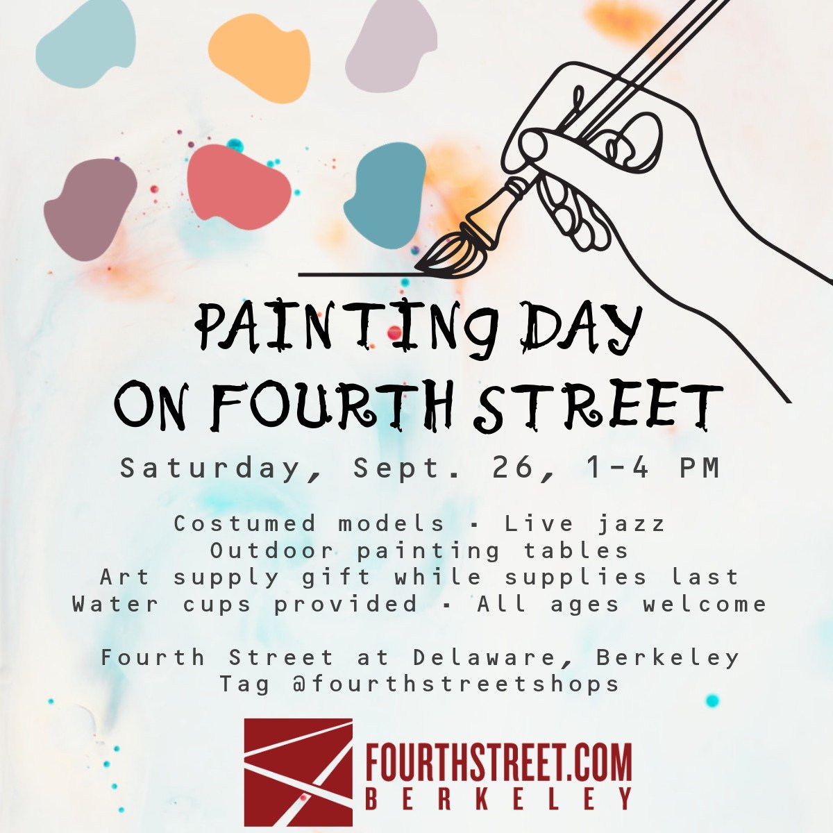 PAINT, DANCE, SHOP AND CELEBRATE ON FOURTH STREET

SAT 9/26

Two events come together for one big afternoon on Fourth Street!

PAINTING DAY ON FOURTH STREET
1&ndash;4pm

Paint or sketch from costumed models, listen to live jazz and join our outdoor p