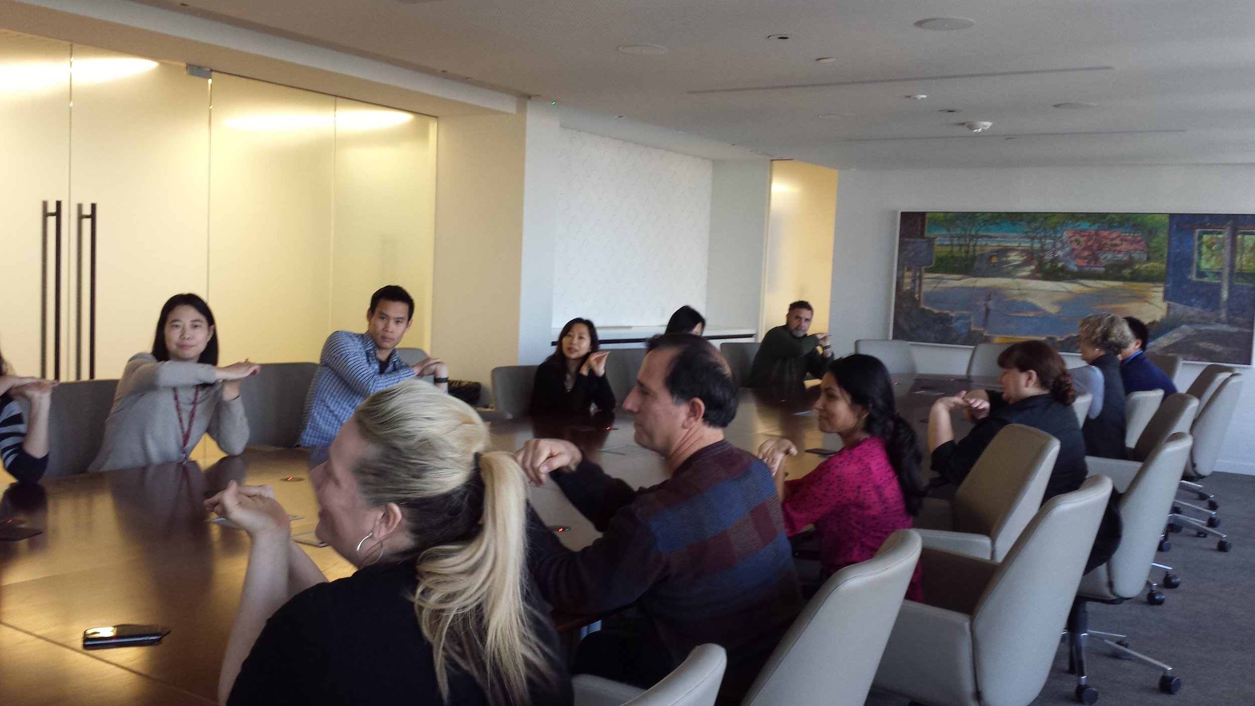 Here's Michael teaching a " Yoga for Office Professionals " class at a bank in downtown Seattle.