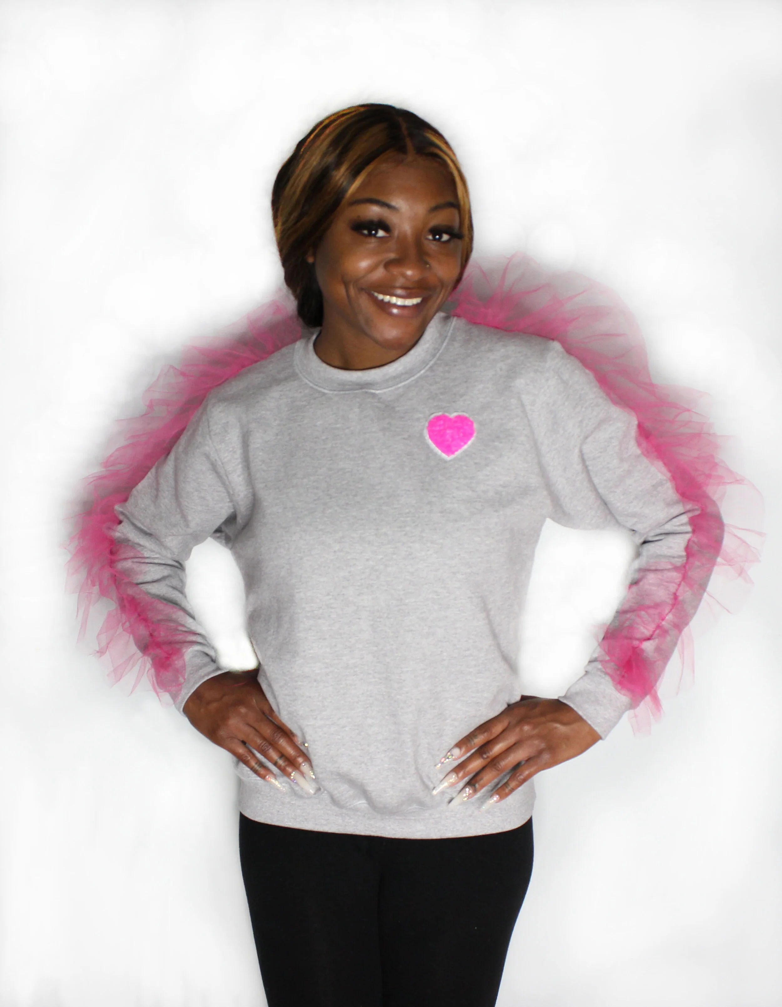 Heather Gray sweatshirt with tulle sleeve detail