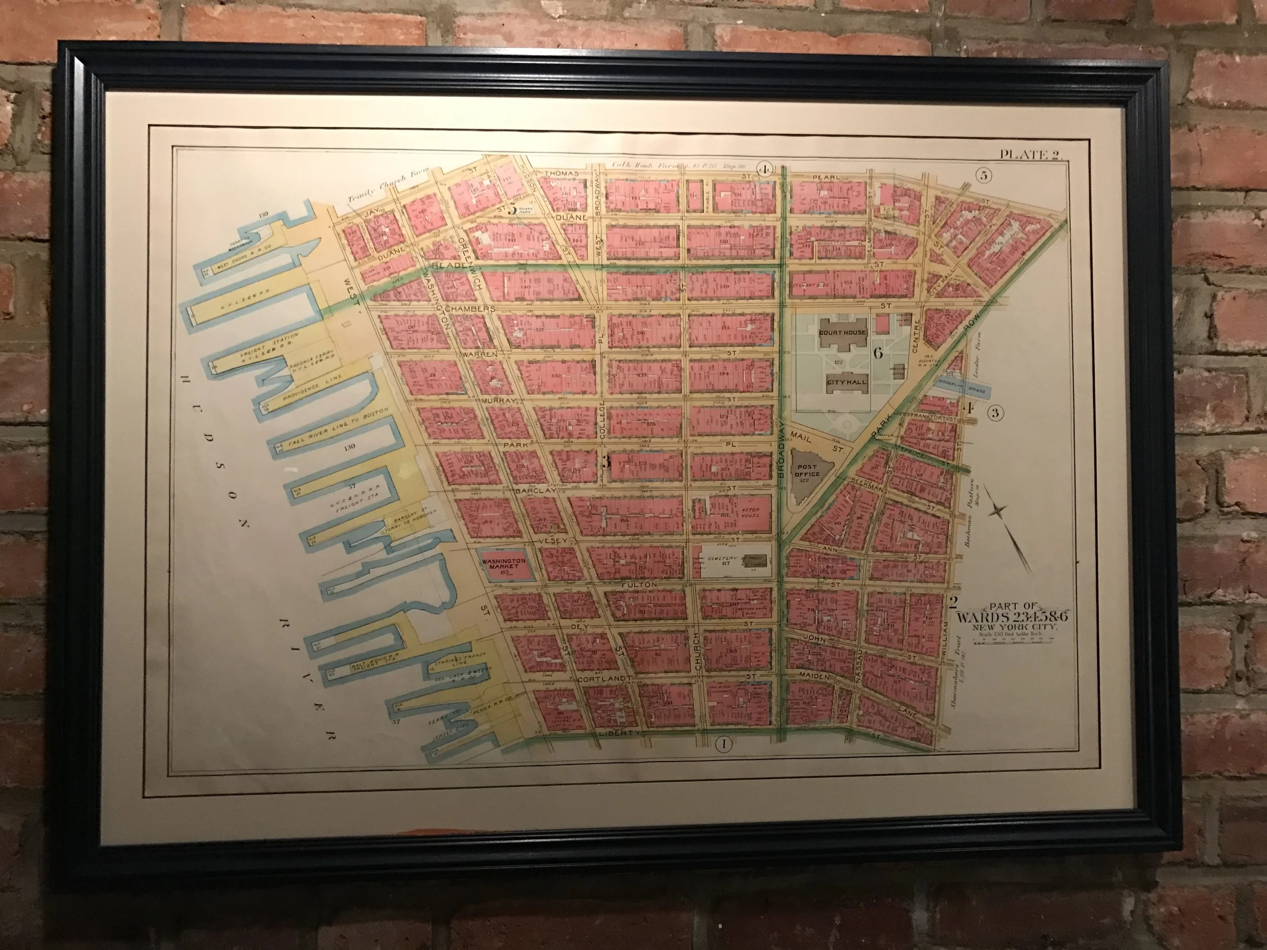 1891 Map of Lower Manhattan, City Hall, Trinity Church