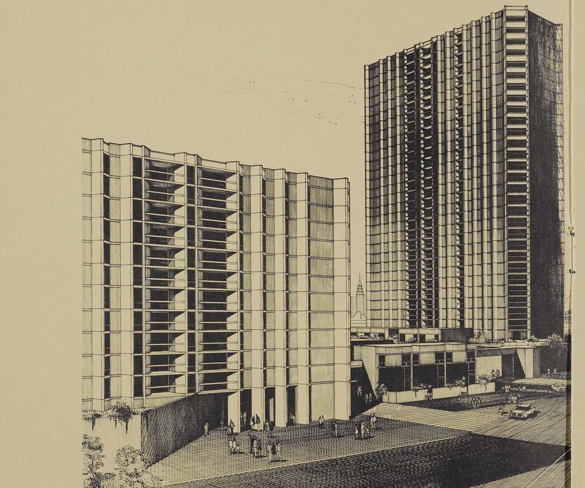 Rendering of Cadman Towers, looking north from Clinton Street. Credit: New York Real Estate Brochures Collection - Columbia University.
