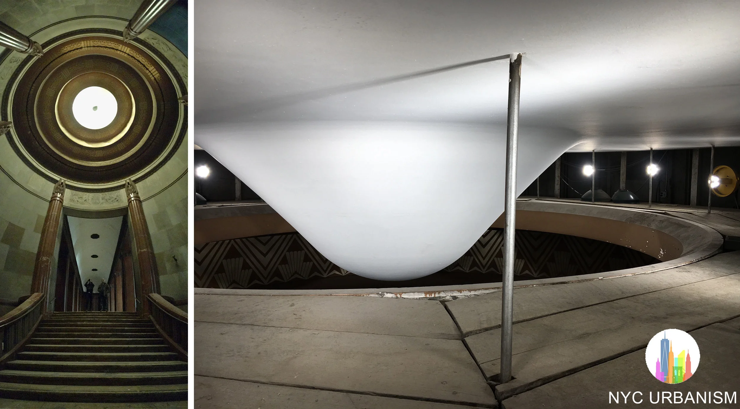 Left: rotunda with sphere above. Right: crawl space with lights illuminating the sphere to light the rotunda. Click to enlarge.
