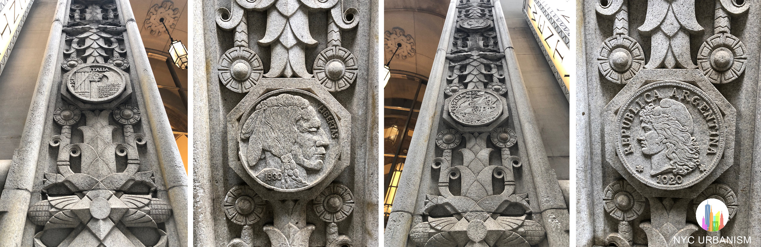 Coins surrounding the entrance depicting countries where the bank had branches.