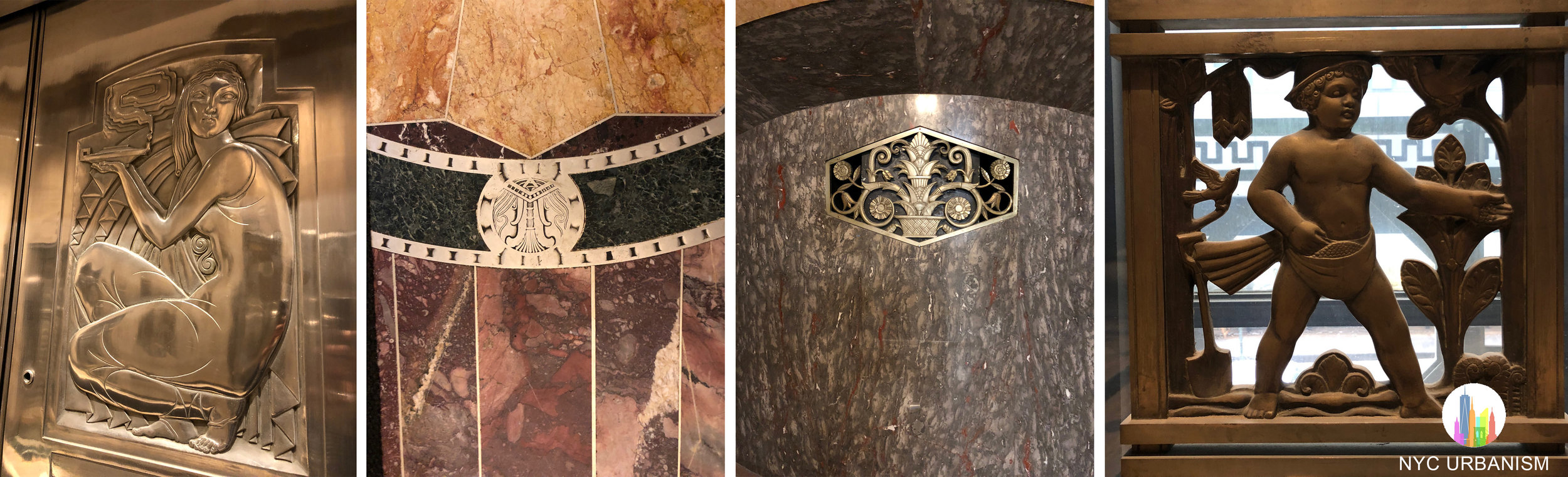 Left: elevator door. Middle left: marble details. Right: babies surrounding the windows in the senior offices depict various scenes.