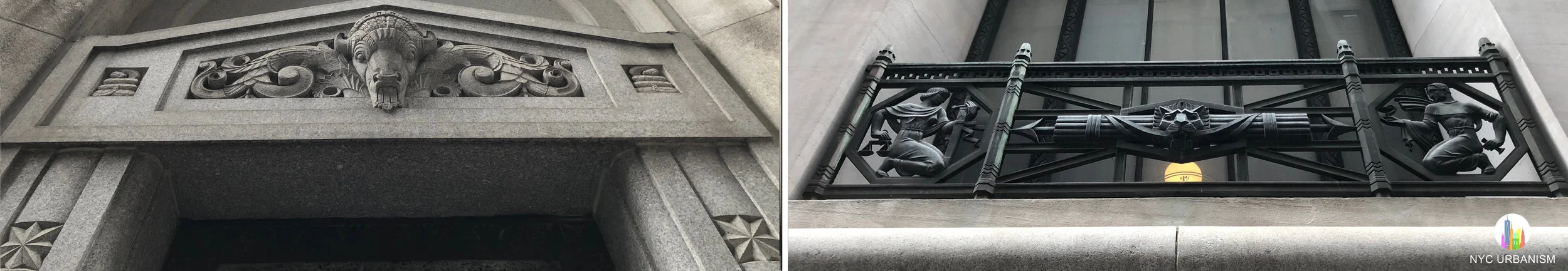 Left: ram's head over service entrance. Right: iron grillwork along lower level windows visible from the sidewalk with scenes depicting law, finance, architecture, engineering, chemistry, metallurgy, farming, medicine, navigation and manufacturing.
