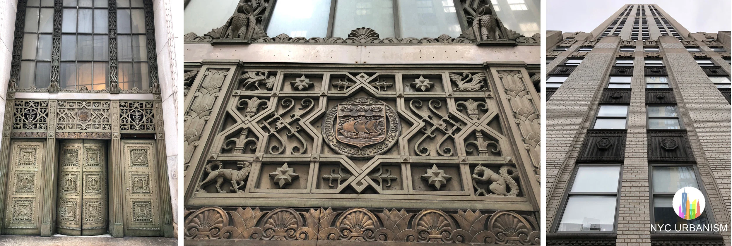 Left: entrance to former Canadian Bank of Commerce. Middle: Canadian Bank of Commerce seal over door. Right: view up of the tower from the nineteenth floor. While most of the building is limestone, white brick was used in the middle of the tower surrounding the windows. Over time the white brick became discolored, eventually creating dark vertical bands by the late Eighties. A restoration in the late Nineties restored the bricks to their original color.