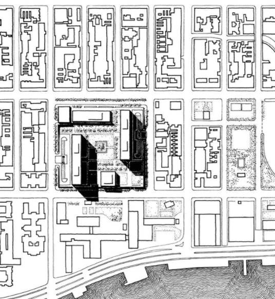 Site plan showing the two twin Kips Bay Plaza towers, two low-rise buildings and a 3-acre plaza (Pei Cobb Freed & Partners)