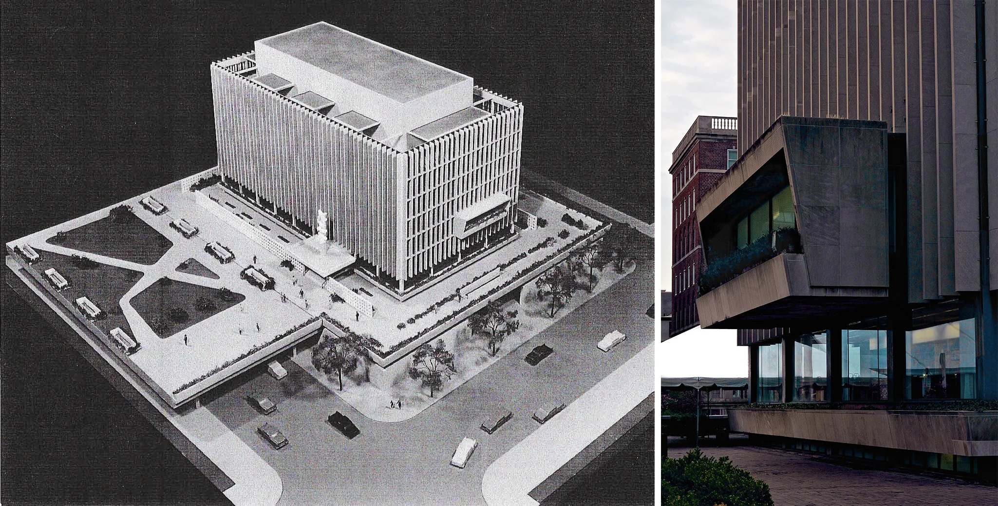 Left: Model of Jerome Greene Hall. Credit: wikiCU. Right: Jerome Green Hall window box. Credit: Mark Garbowski Photography.