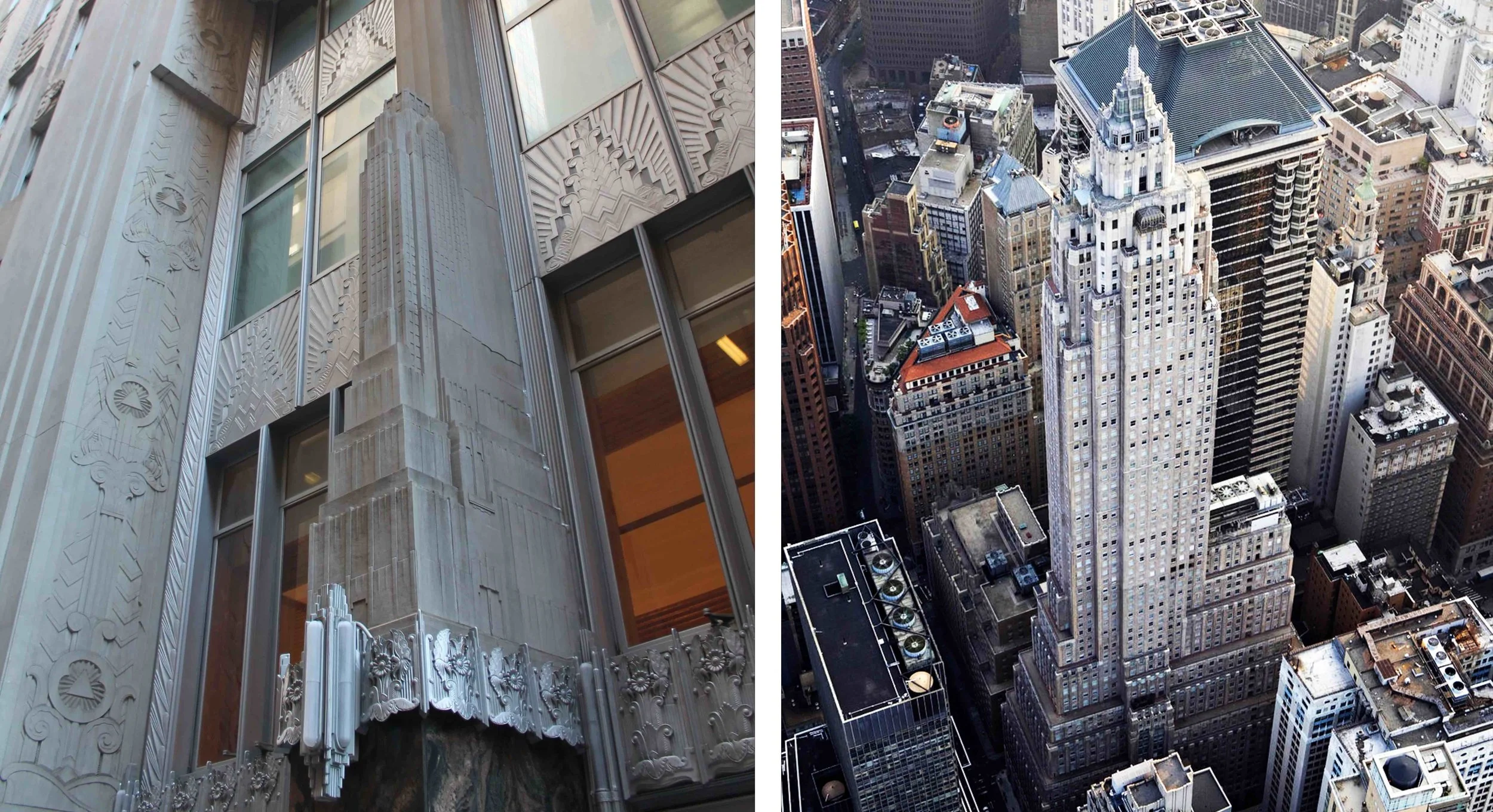 Left: 70 Pine's scale model of the skyscraper above the entrance. Right: 70 Pine aerial view.