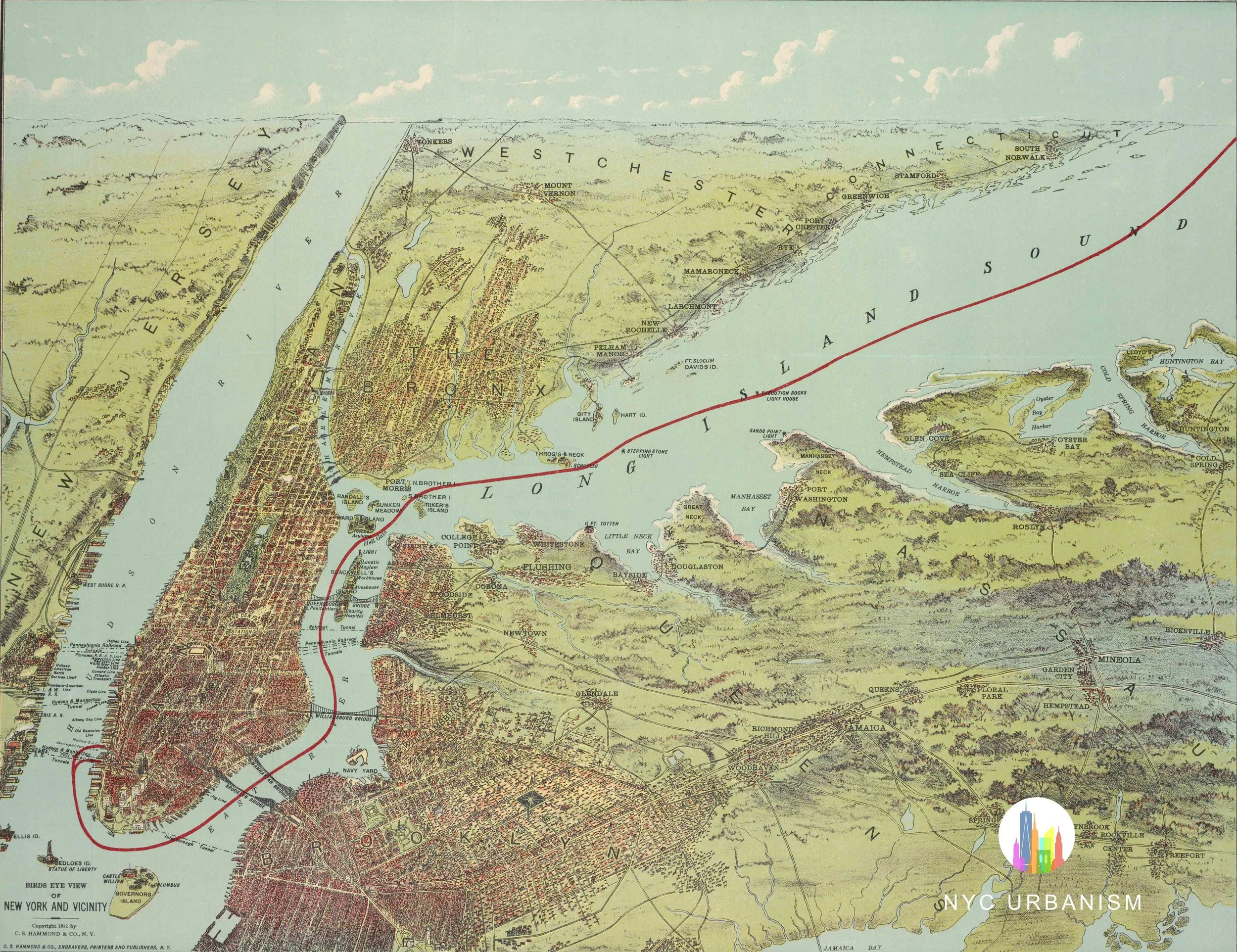 1912 Map of NYC Including Long Island and the Bronx