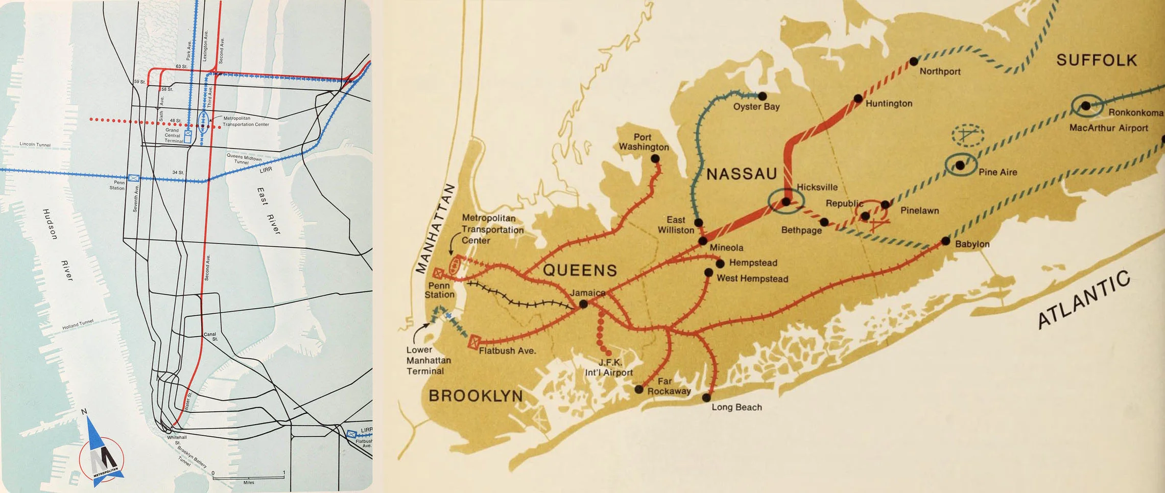 Planning map showing the convergence of LIRR lines in Queens and the proposed Metropolitan Transportation Center on Thirds Avenue and 48th Street. Metropolitan Commuter Transportation Authority, 1968.
