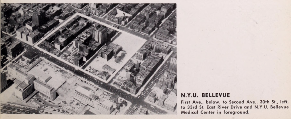  View of NYU-Bellevue slum clearance progress, 1957.  Slum Clearance Progress, Title I  report, 1957. 
