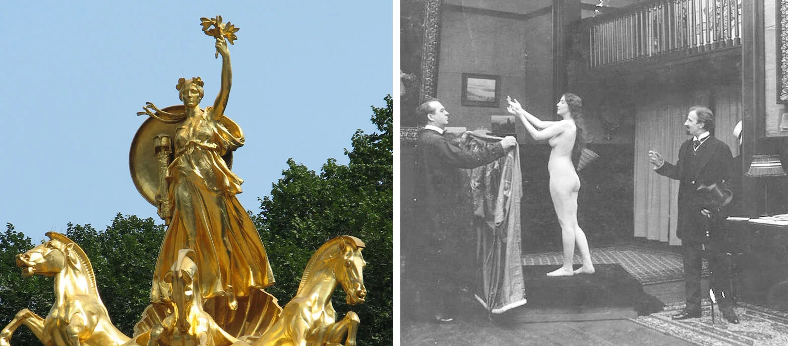 Left: Battleship Maine memorial by Attilio Piccirilli in Central Park. Right: Munson posing.