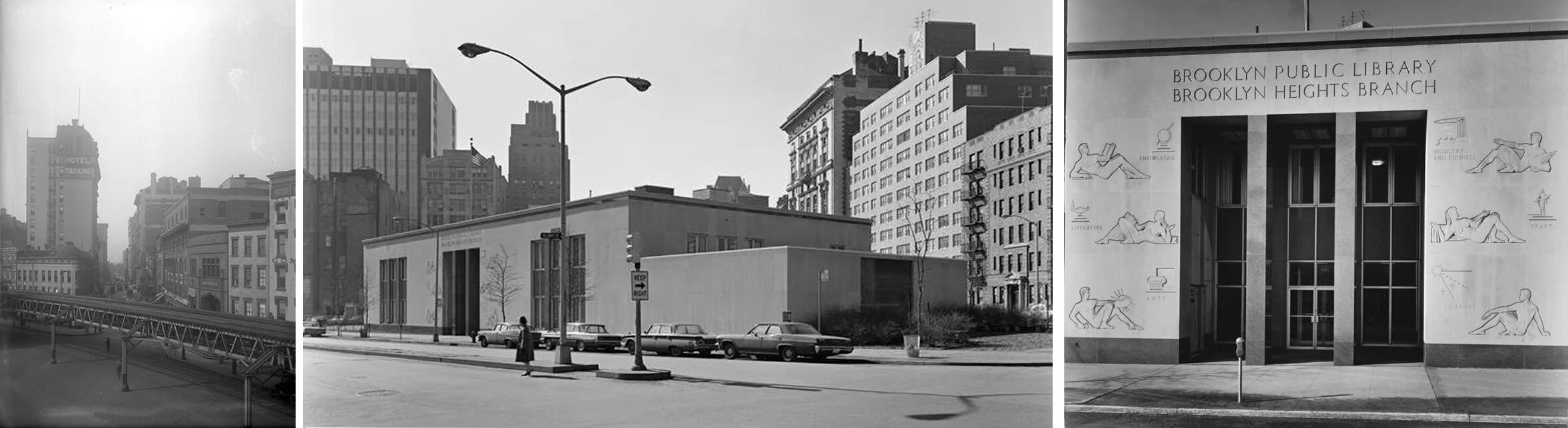 Left: The future site of One Clinton (intersection of Clinton and Old Fulton Street) in 1922. Middle and right: Brooklyn Heights Public Library after opening.