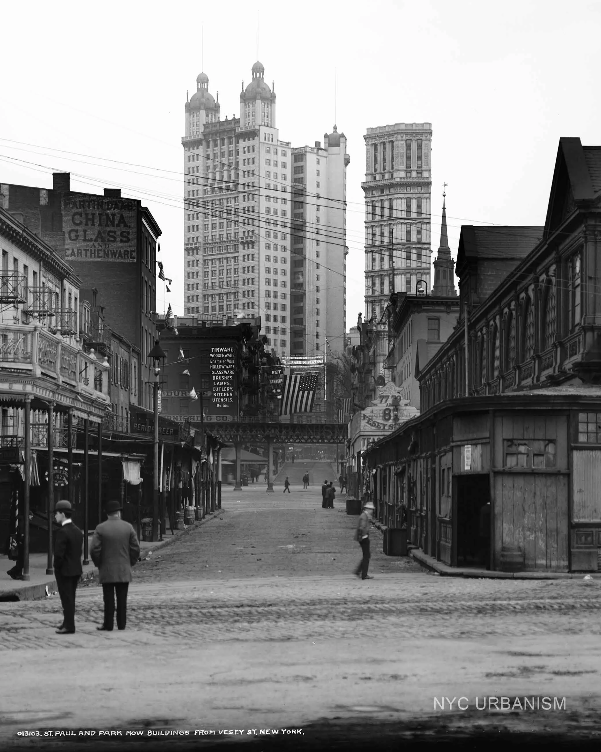 Park Row and St. Paul Buildings from Vesey Street, 1900.