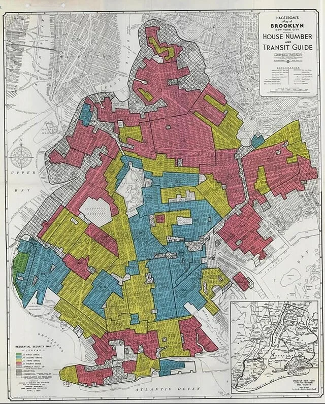 #MapMondays &ndash;&ndash; 1938 Home Owners Loan Corporation (HOLC) redlining map of Brooklyn. This map, part of an Underwriting Manual, determined mortgage lending requirements, sectioning off areas of the inner city that were not considered safe investments. Redlined neighborhoods were often based on race, further segregating urban areas and pushing the middle class out. If you were black, getting a mortgage in NYC was next to impossible and neighborhoods decayed as many owners in these (red) areas were unable to invest in their properties. In Brooklyn, most of North Brooklyn was redlined, as well as Cobble Hill, Gowanus, Sunset Park, Dumbo, Fort Greene, Bed Stuy, East New York, and Coney Island.

Green = best investment (first grade) , red = worst investment (fourth grade). #brooklyn #redlining #cobblehill #fortgreene #bedstuy #coneyisland #carrollgardens #williamsburg #greenpoint #dumbo #nyc #nychistory #holc #fha #map #mapmonday #brooklynhistory #bedfordstuyvesant #holc #map #cart