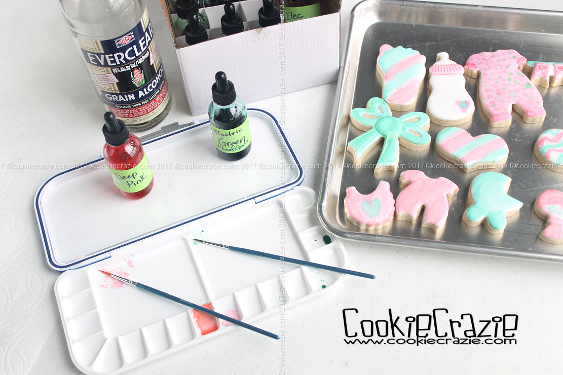Even though this photo was not taken with the cookies featured in this blog post, I wanted you to see the set-up I used to create my watercolored cookies. Angela's YouTube video explains how to make the bottles of color.