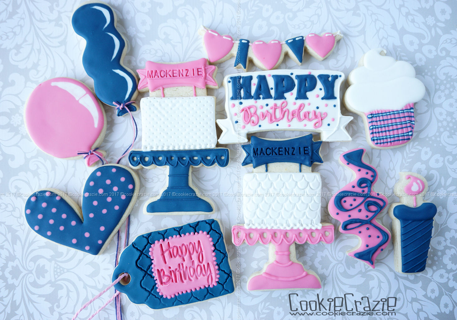   Navy &amp; Pink Birthday Decorated Cookie Collection  