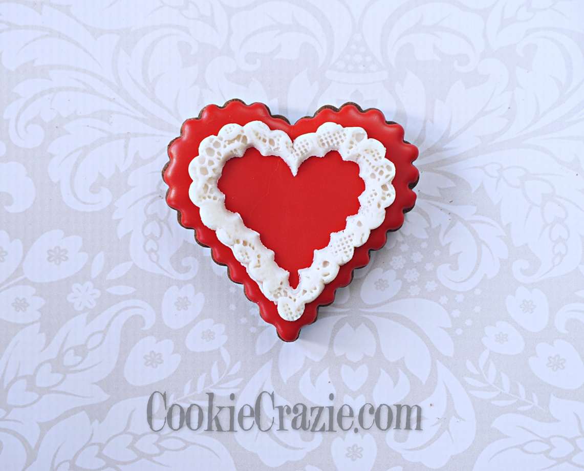  Valentine Heart with Lace Outline Decorated Sugar Cookie YouTube video  HERE  