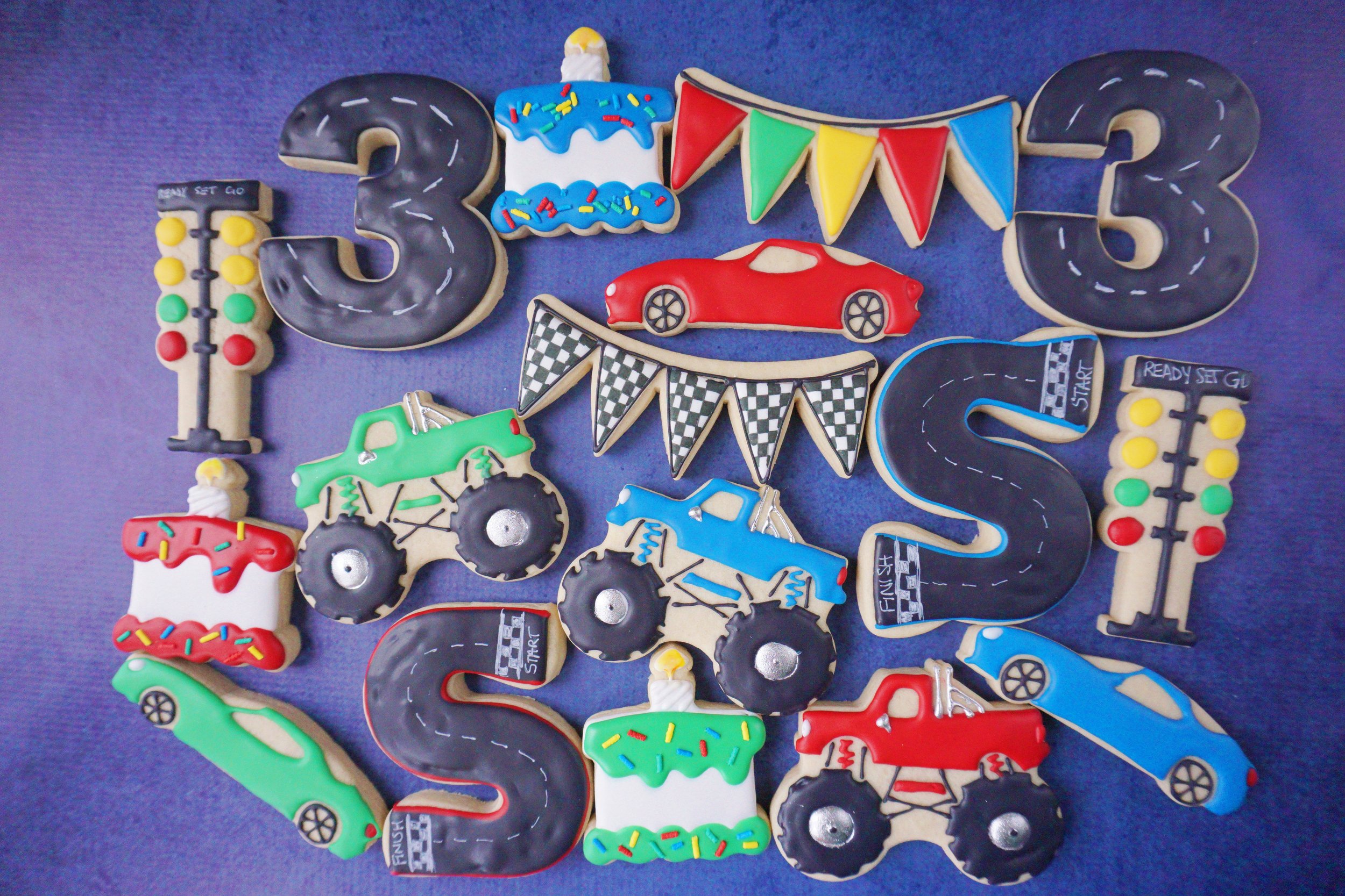 Finn's 3rd Birthday Monster Truck/Race Car Decorated Cookie Collection