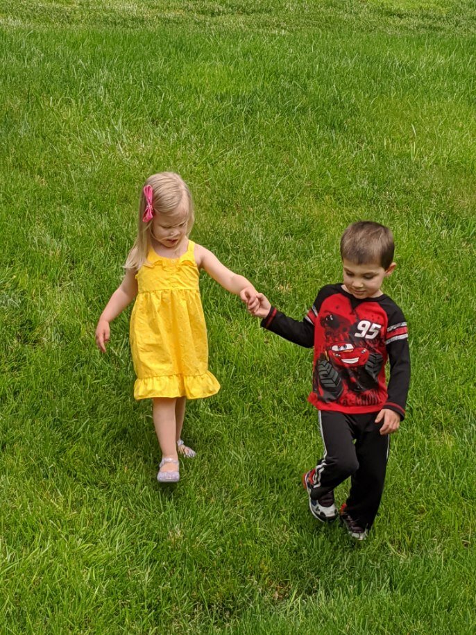  These two sweeties had fun playing together on Emmaline’s birthday celebration day. Finn was helping her walk down the hill in our backyard. :) 