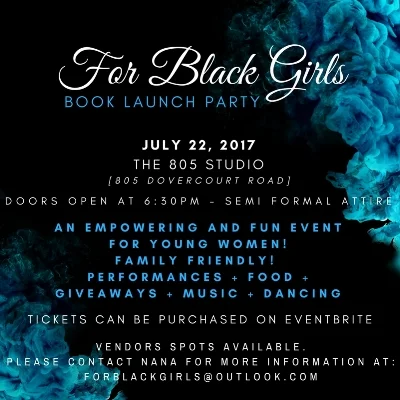 For directions or to purchase tickets https://www.eventbrite.com/e/for-black-girls-book-launch-party-tickets-34931243289