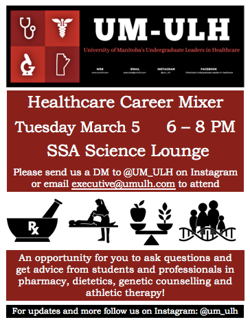 Want to know more about what these careers entail? Are you interested in Pharmacy, Genetic Counselling, Dietetics? Come check out out event to learn more about ‘em!