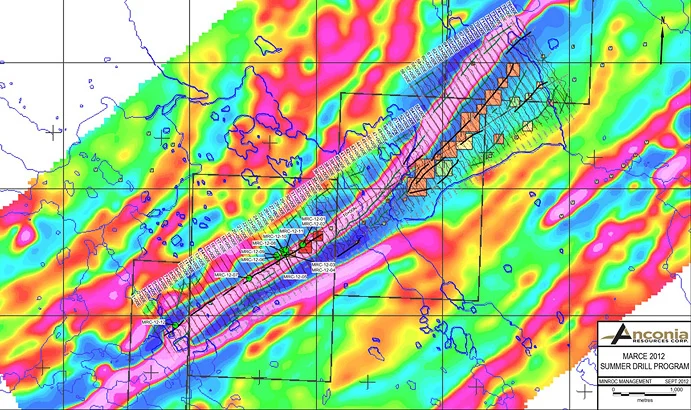 Collars (green dots) are shown on a background of Total Field Magnetics with anomalies from the 2011 airborne Electromagnetics survey (coloured sqaures) and profiles from the 2012 ground Electromagnetics survey.