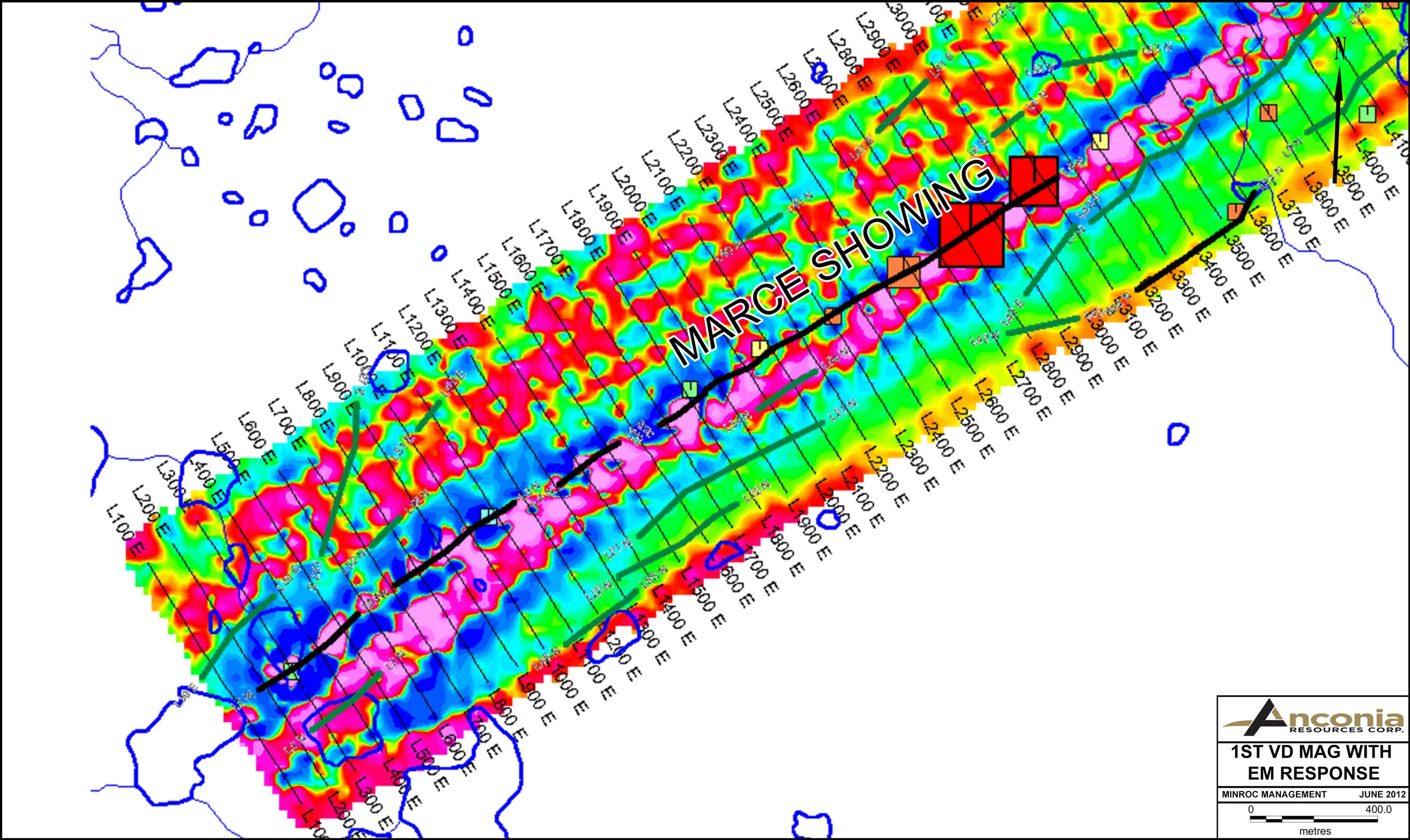 EM anomalies with first vertical derivative magnetics background: black lines indicate EM conductors from ground geophysics (May 2012), green lines indicate quadrature response (out of phase). Coloured squares indicate EM anomalies from airborne survey (July 2011).