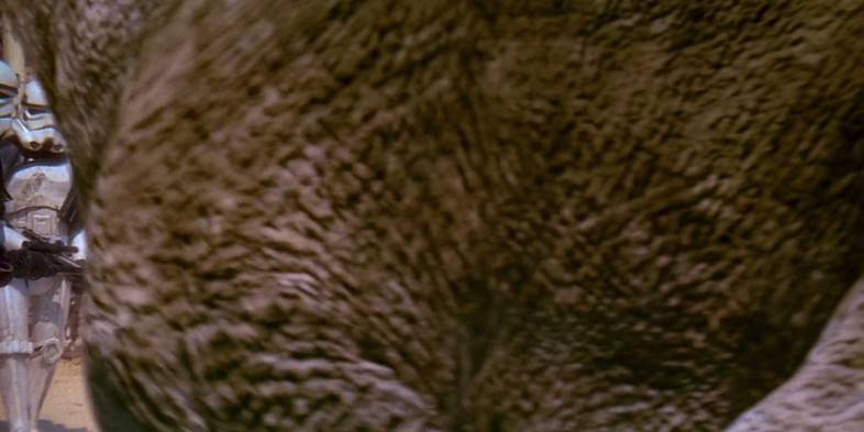 A digitally inserted Ronto's posterior completely fills the frame and obscures our protagonists.