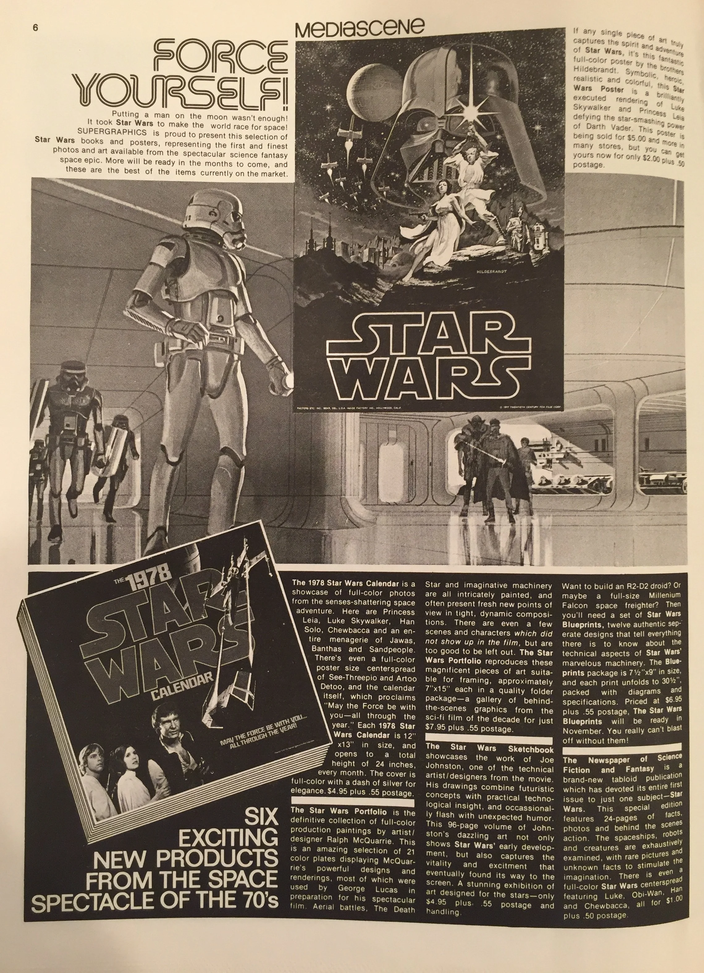 This ad showcases some of the quality licensed products available for fans, including the commercial Hildebrandt poster for $2.00, the 1978 Star Wars Calendar for $4.95, the Star Wars Portfolio for $7.95, the Star Wars Sketchbook for $4.95, and Star Wars Blueprints for $6.95.
