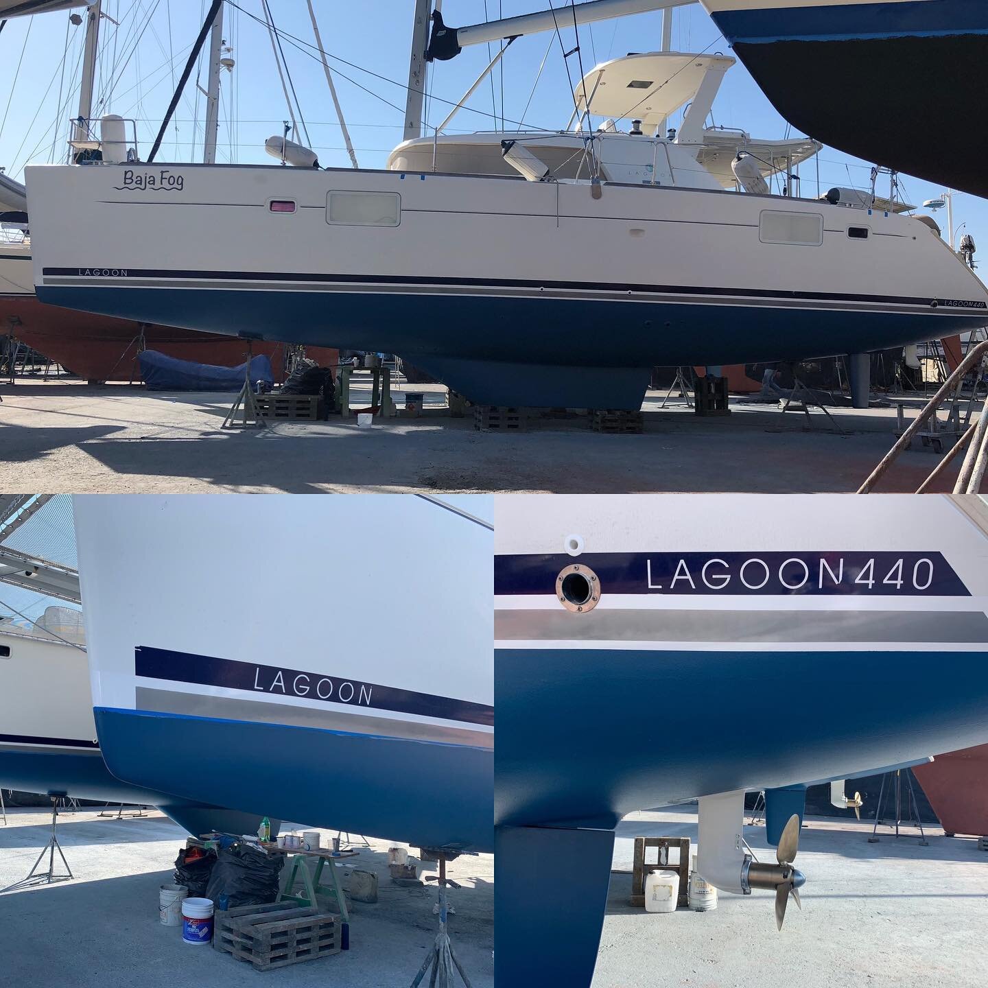 Almost ready to go back in the water! Beautiful new stripe, lowered waterline and fresh bottom paint on gel coat just like new! They guys at SeaTek did a fantastic job! Muchas gracias!🇲🇽⛵️#lagoon440 #lagoon440ownersversion
