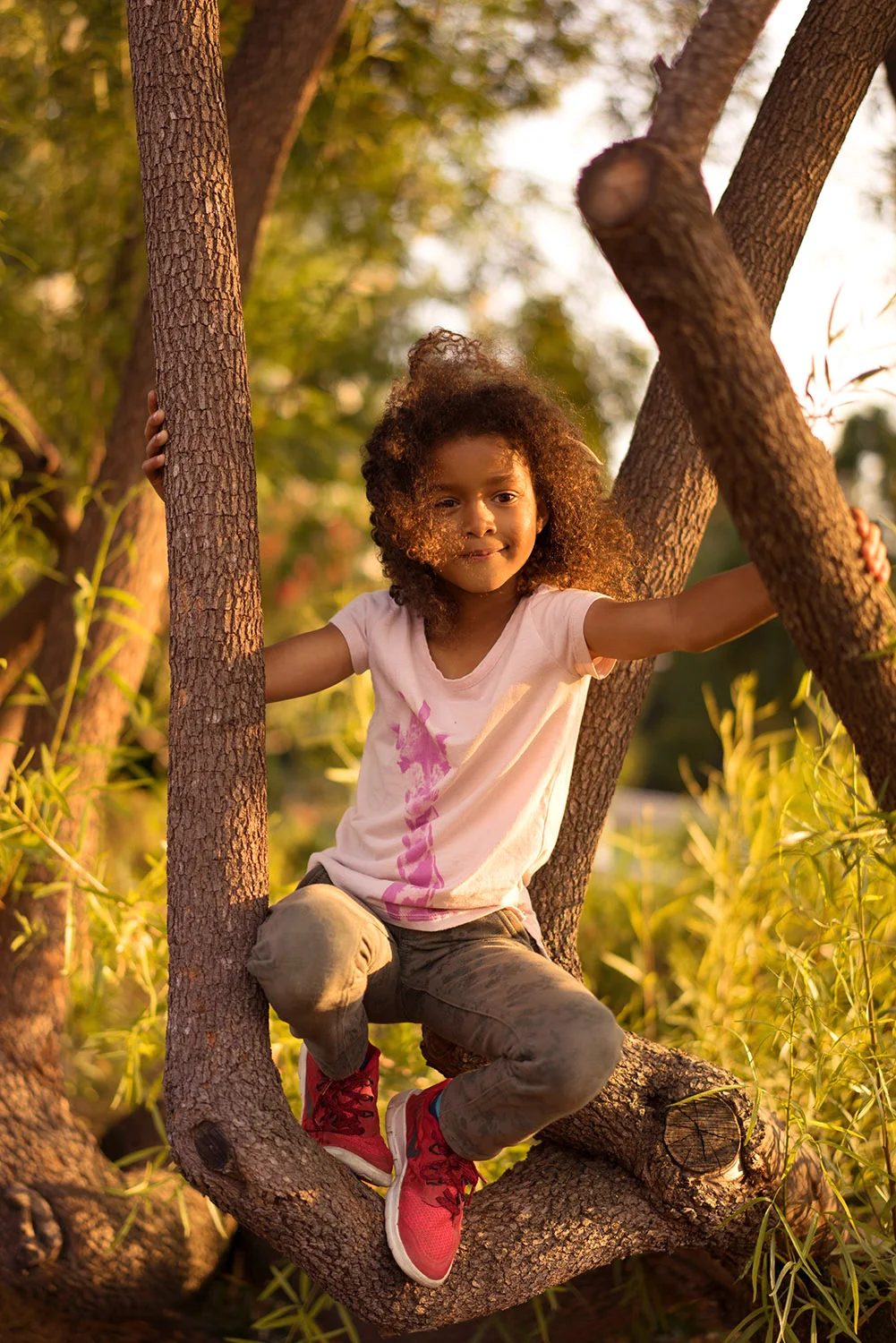 six year old daughter climbs a tree-Danville children's outdoor photograph