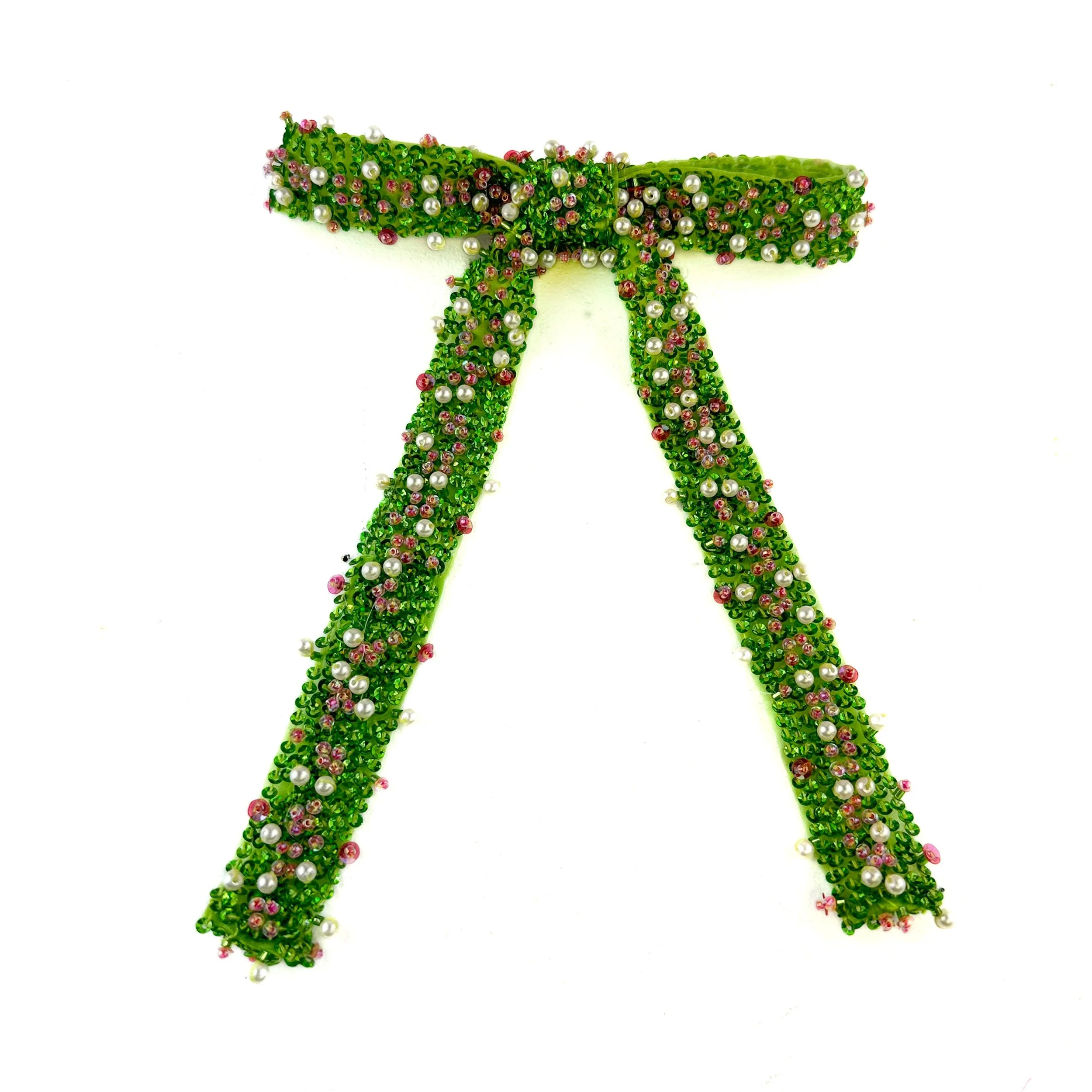 Pink and Green Beaded Hair Bow