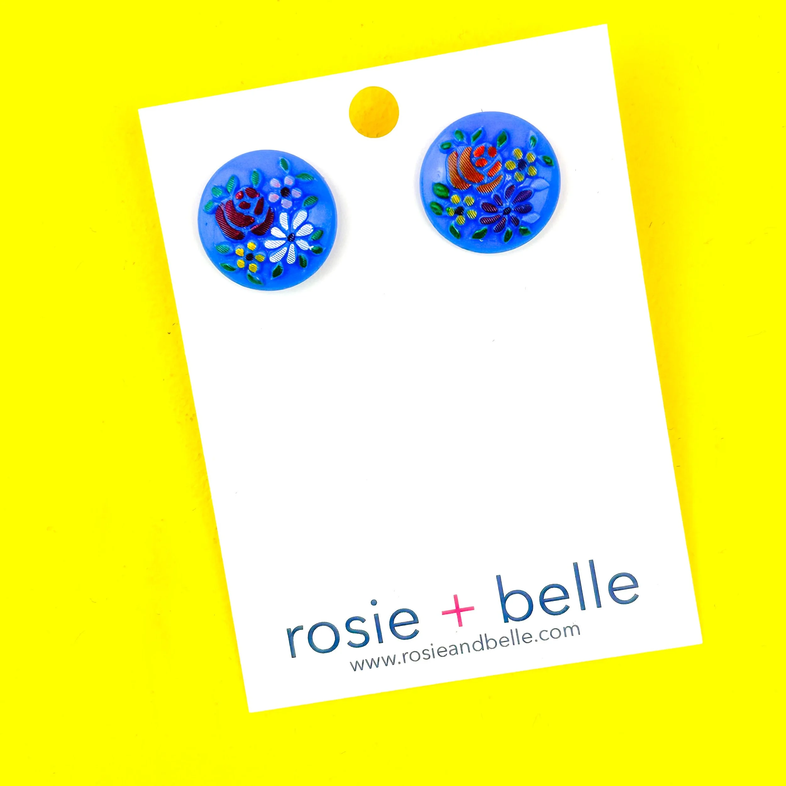 Blue Floral Bouquet Vintage Button Earrings