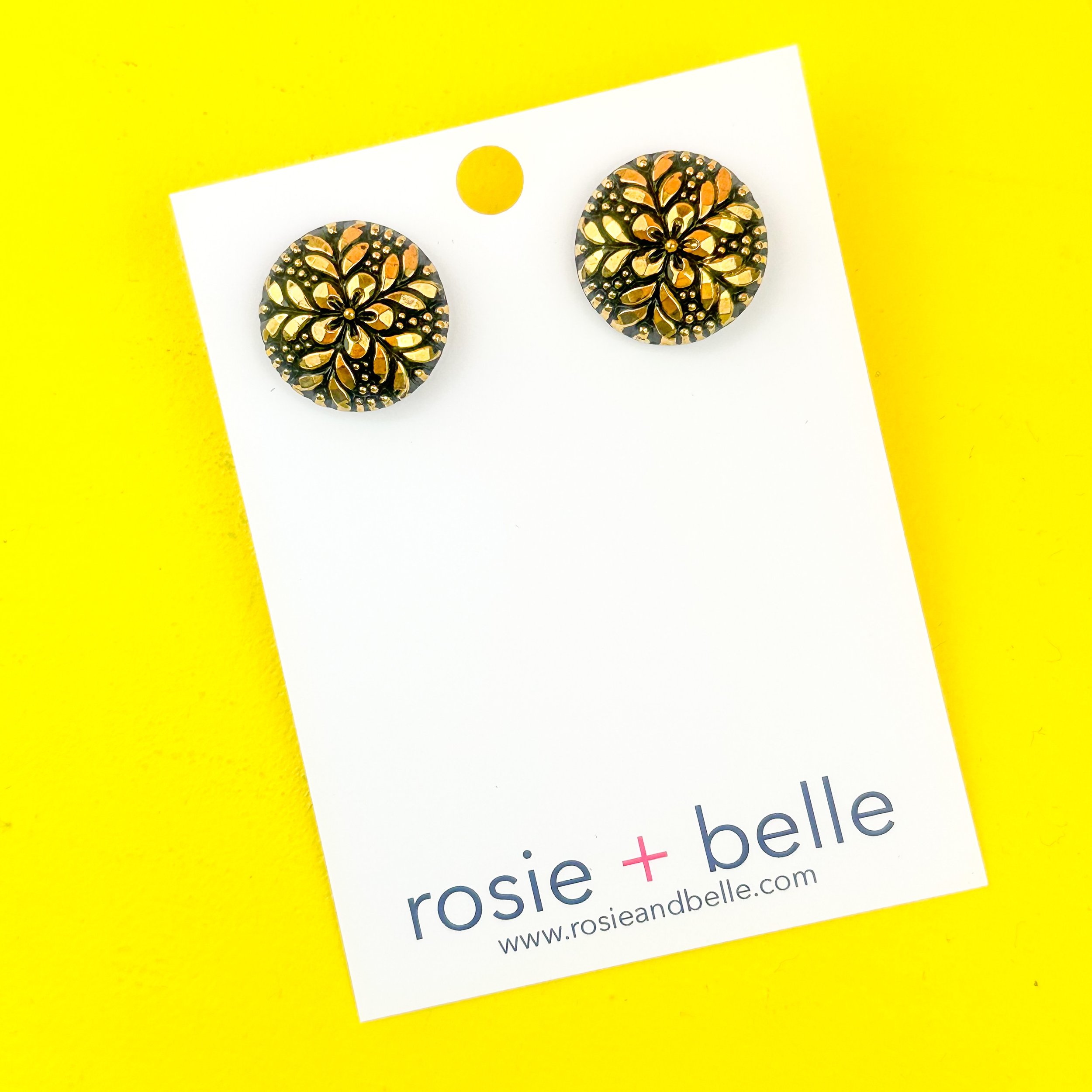 Black and Gold Flower Vintage Button Earrings