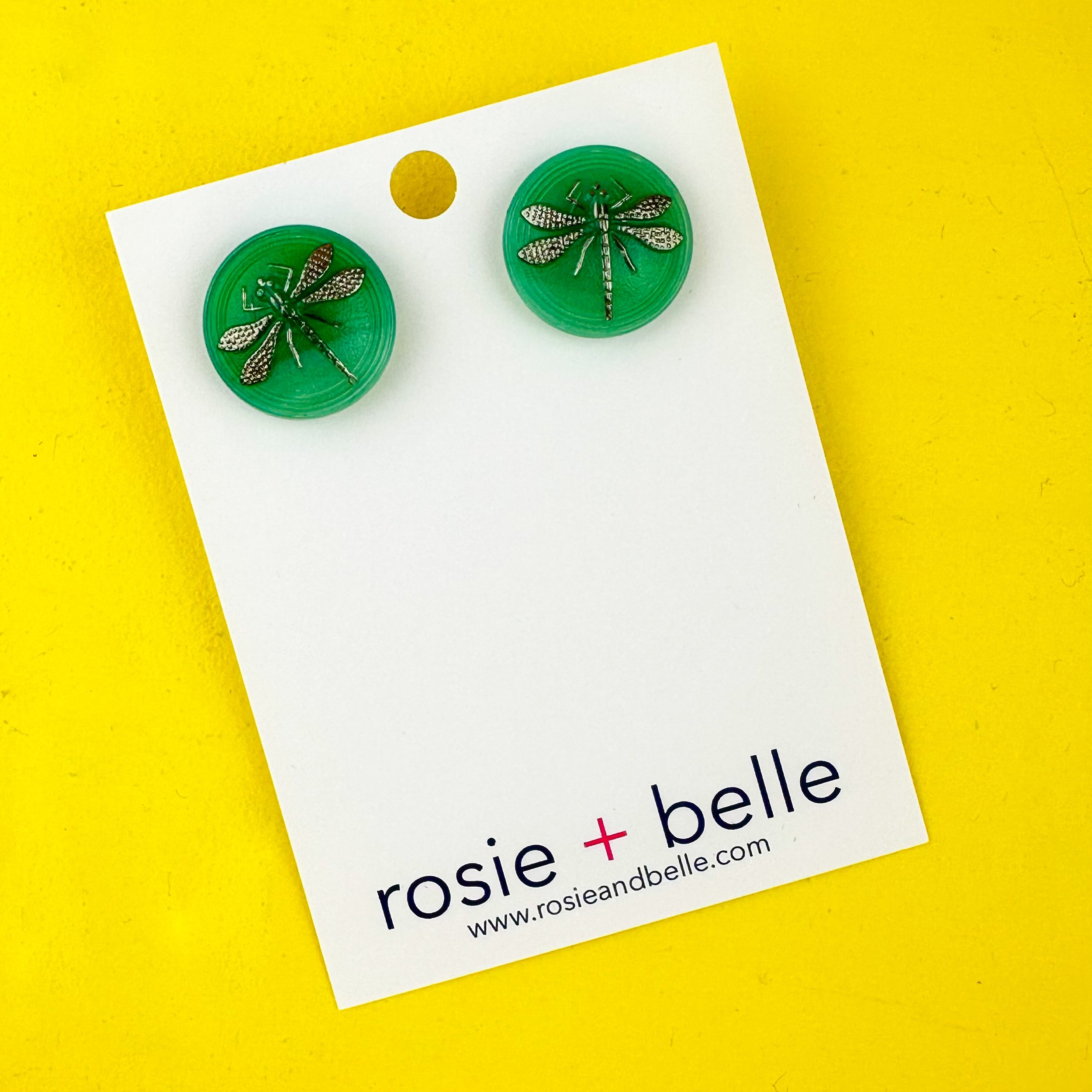 Green and Silver Dragonfly Vintage Button Earrings