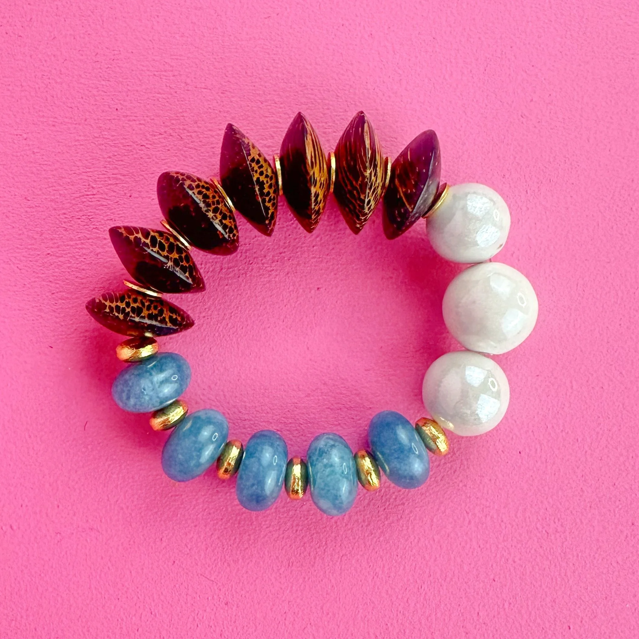 Blue, White, and Wooden Bead Bracelet