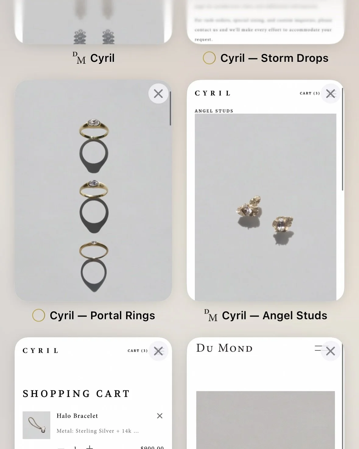 Cyril

Du Mond. The diamonds sit against the skin when worn.

Process + Materials

Site + Material

Clear, light. In gold and gemstones.  Sound.

Cyril was founded in 2&Ouml;17. The collection is designed and crafted on both coasts of the U.S. Dm to 