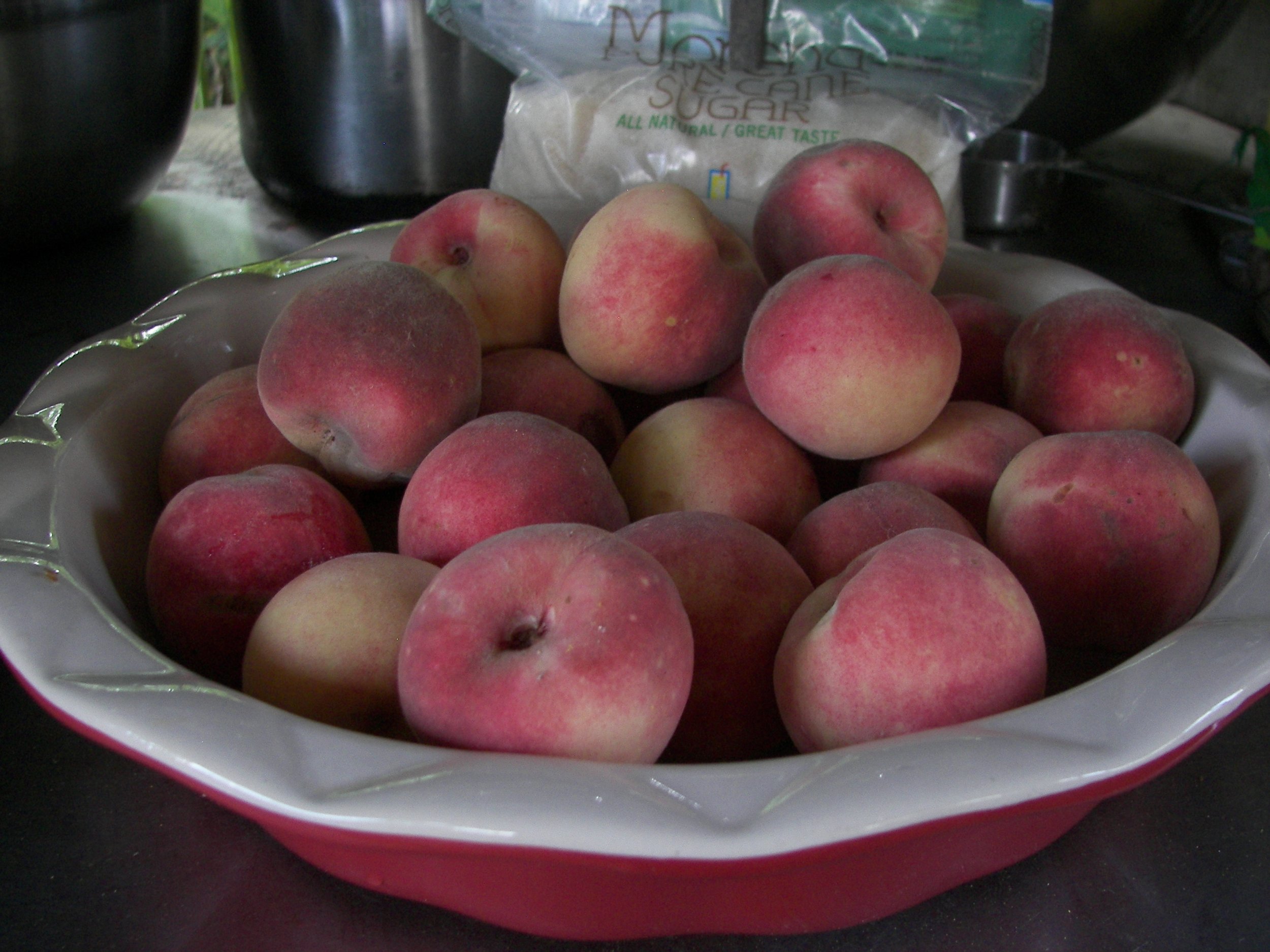 A pie pan full of fresh wild peaches.JPG
