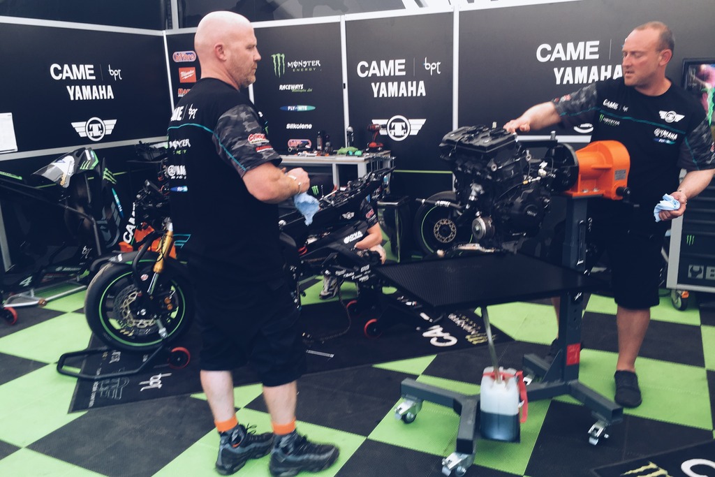 Four time TT winners Team Traction Control tearing down one of Hutchinson's motors.