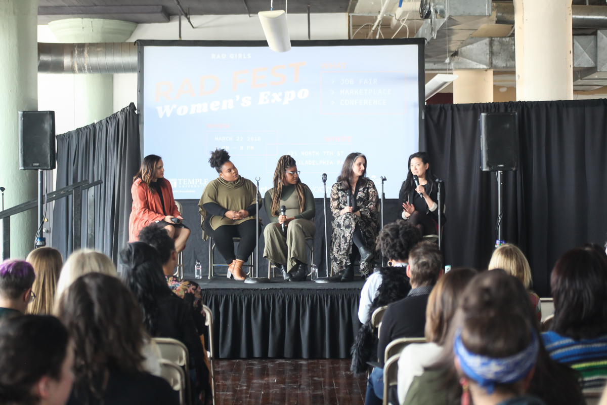 Brand Matters: Moderator Melissa Alam, Founder of Femme & Fortune. Amber Burns, Visit Philly. Sofiya Ballin, Journalist. Karina Kacala, Marketing Manager at Opera Philadelphia. Laurie Satran, Digital Director of STARR Restaurants. Photo by Briana Sposato/In Between Rivers