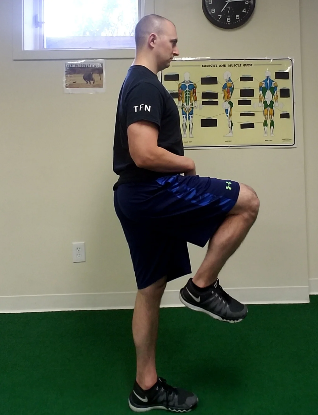 Figure 1.1 As shown in this photo, the spine is extended or arch indicating poor core position. When this occurs the hip cannot flex fully (~90 degrees shown here).