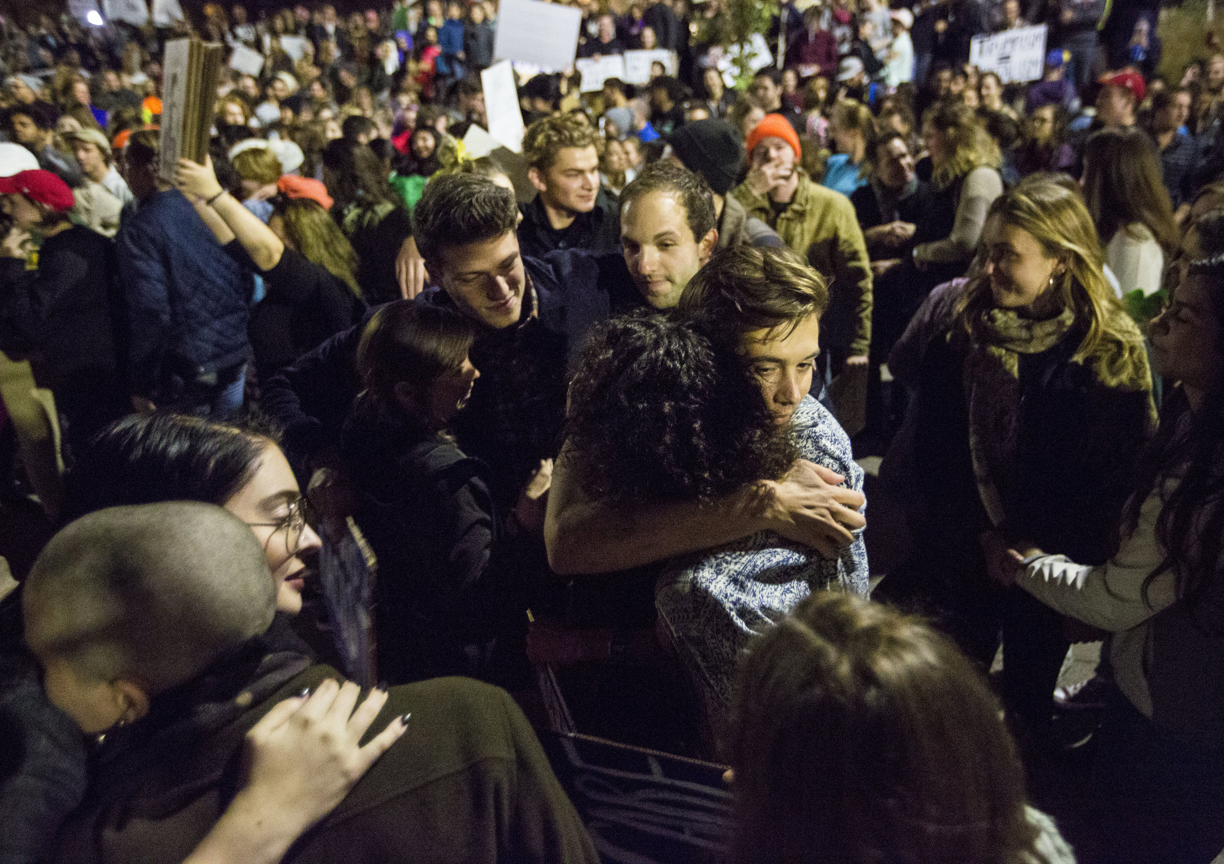  Protesters comfort each other with hugs during an anti-Trump rally on Nov 10, 2016 in Madison, WI. 